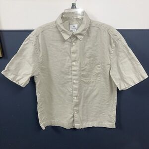 H&M Mens Linen Blend Shirt Beige Size Medium Short Sleeve Relaxed Fit Button Up